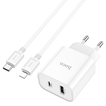 СЗУ HOCO C80A (1-USB 1-Type-C/3.0A) + Type-C to Lightning кабель (белый)