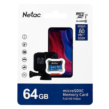 Карта памяти microSDXC Netac P500 (NT02P500STN-064G-R) 64GB (с SD адаптером) 80MB/s